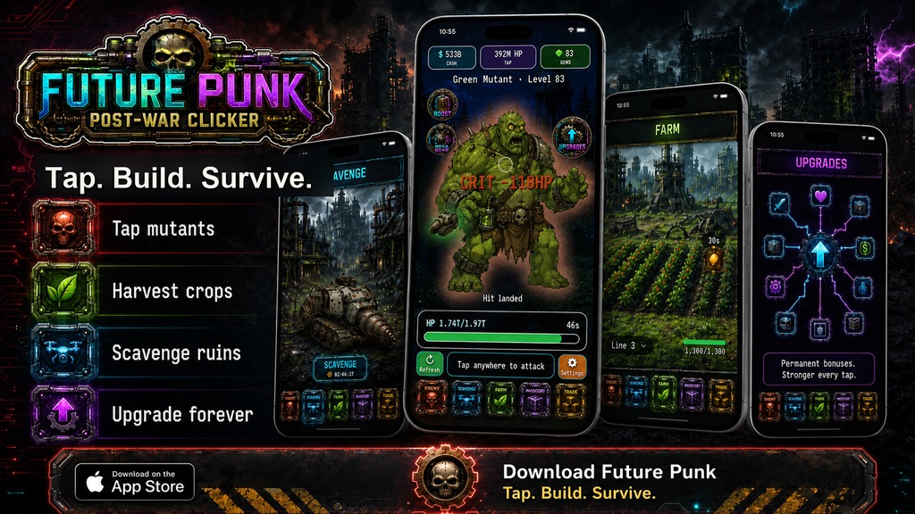 Future Punk Post-War Clicker advertisement with gameplay screens, feature callouts, and App Store download prompt